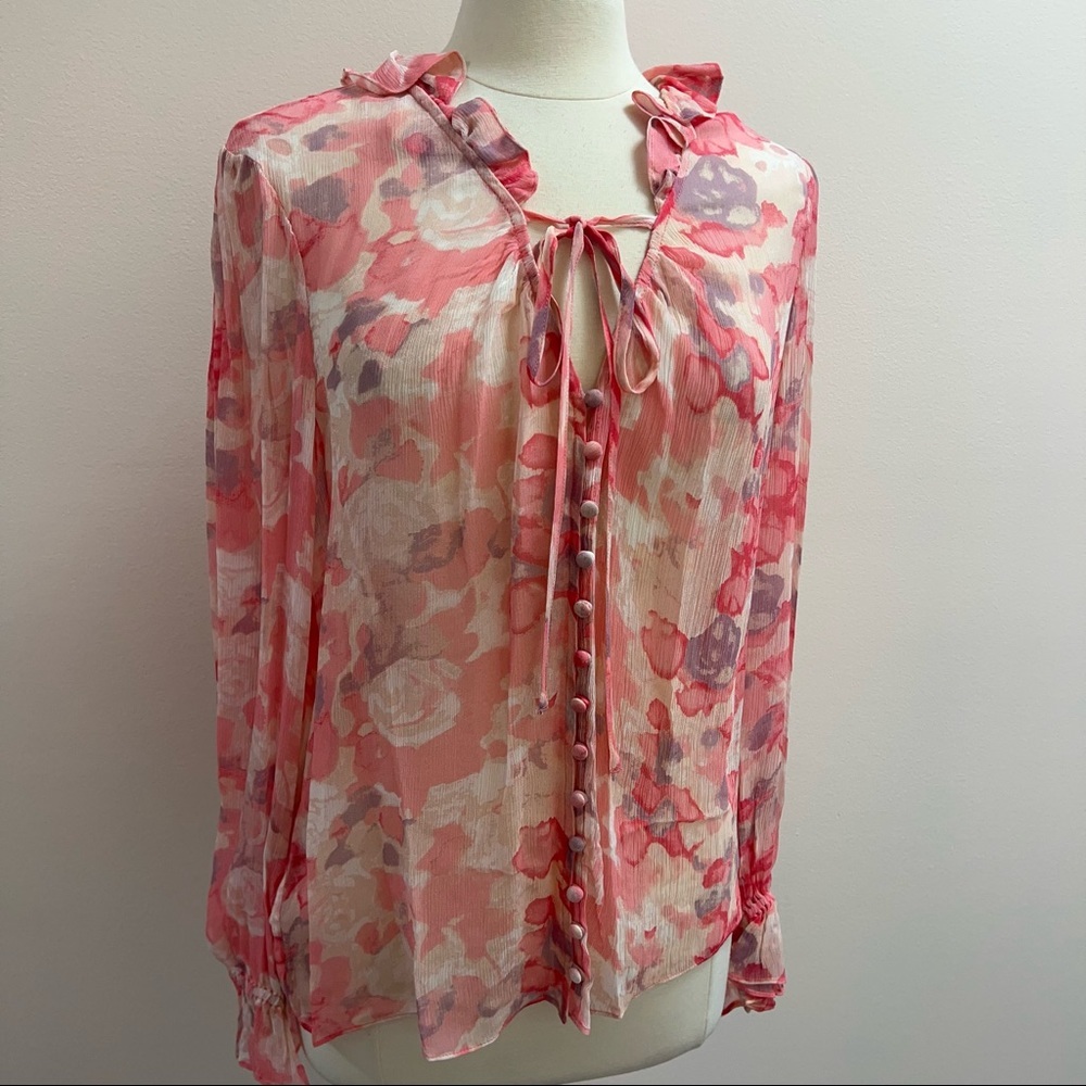 BCBGMAXAZRIA Watercolored Wash Ruffle Tie Top in Blush/Multi